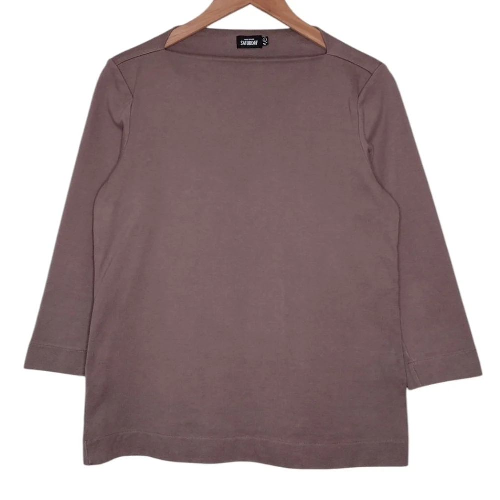 Kate Spade Saturday Boat Neck Minimalist Neutral Brown 3/4 Sleeve Top Sweater